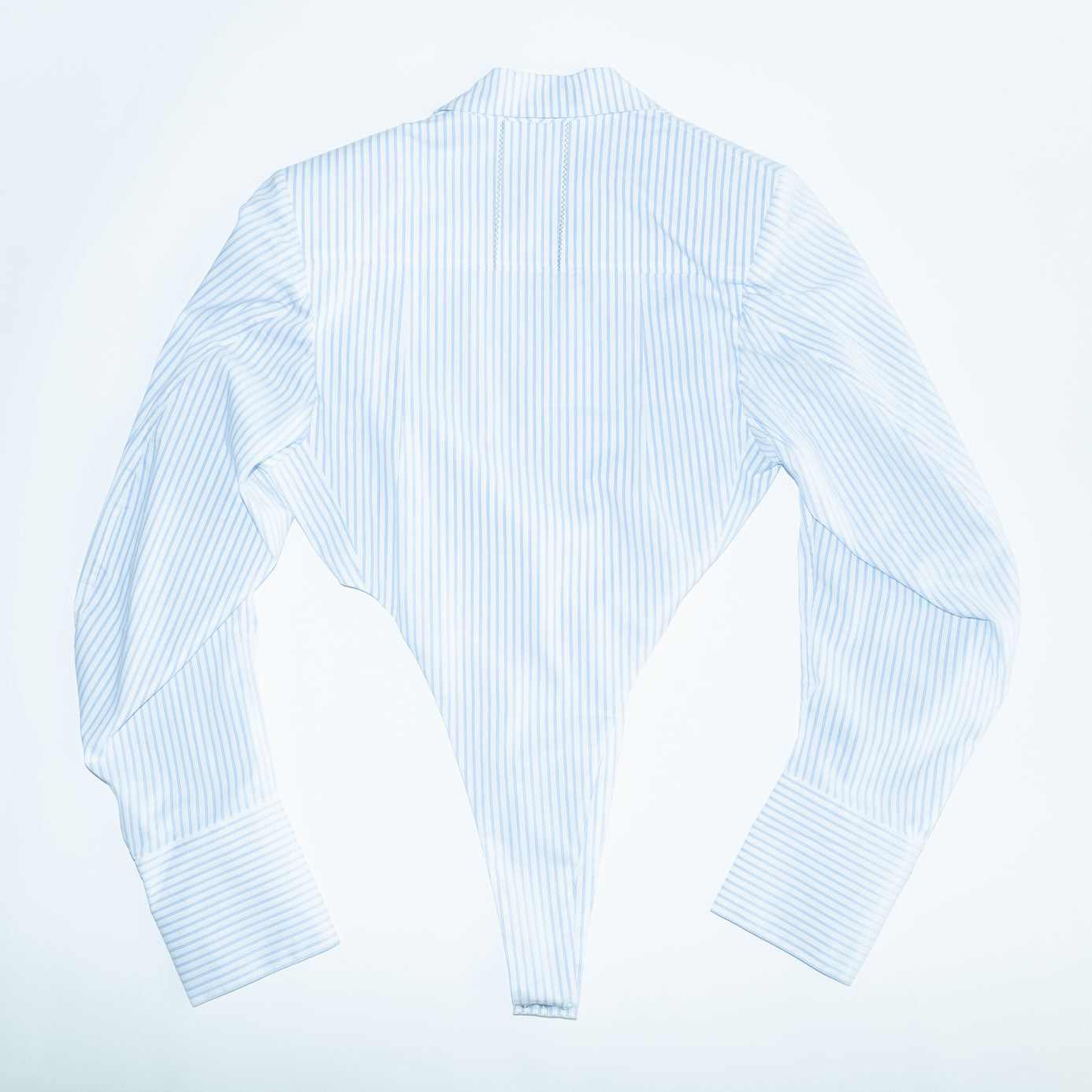 Runway Bacteria Tailored Bodysuit Blouse in Office Blue/Ecru Pinstripe