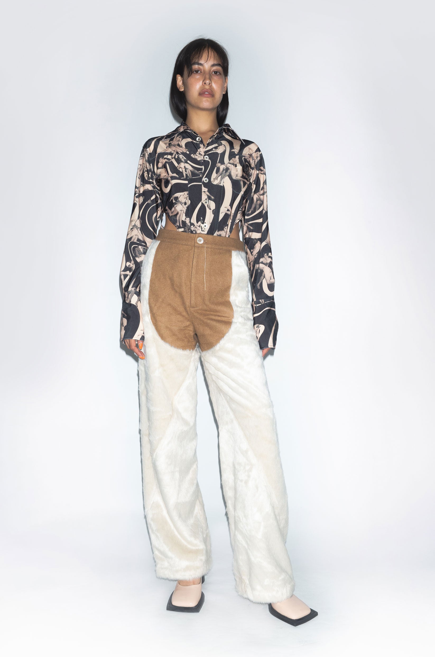 Runway Bipedalism Bodysuit Blouse in Light Brown Spank Print