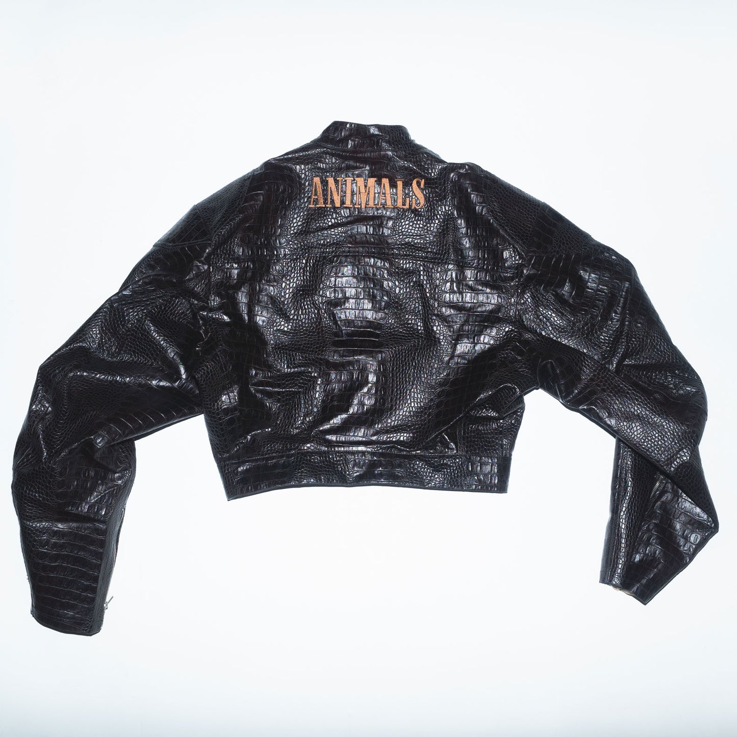 Runway Cropped Leather Jacket with Embroideries in Brown Croco Faux Leather