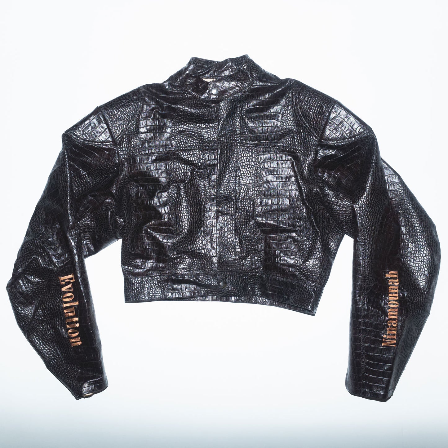 Runway Cropped Leather Jacket with Embroideries in Brown Croco Faux Leather