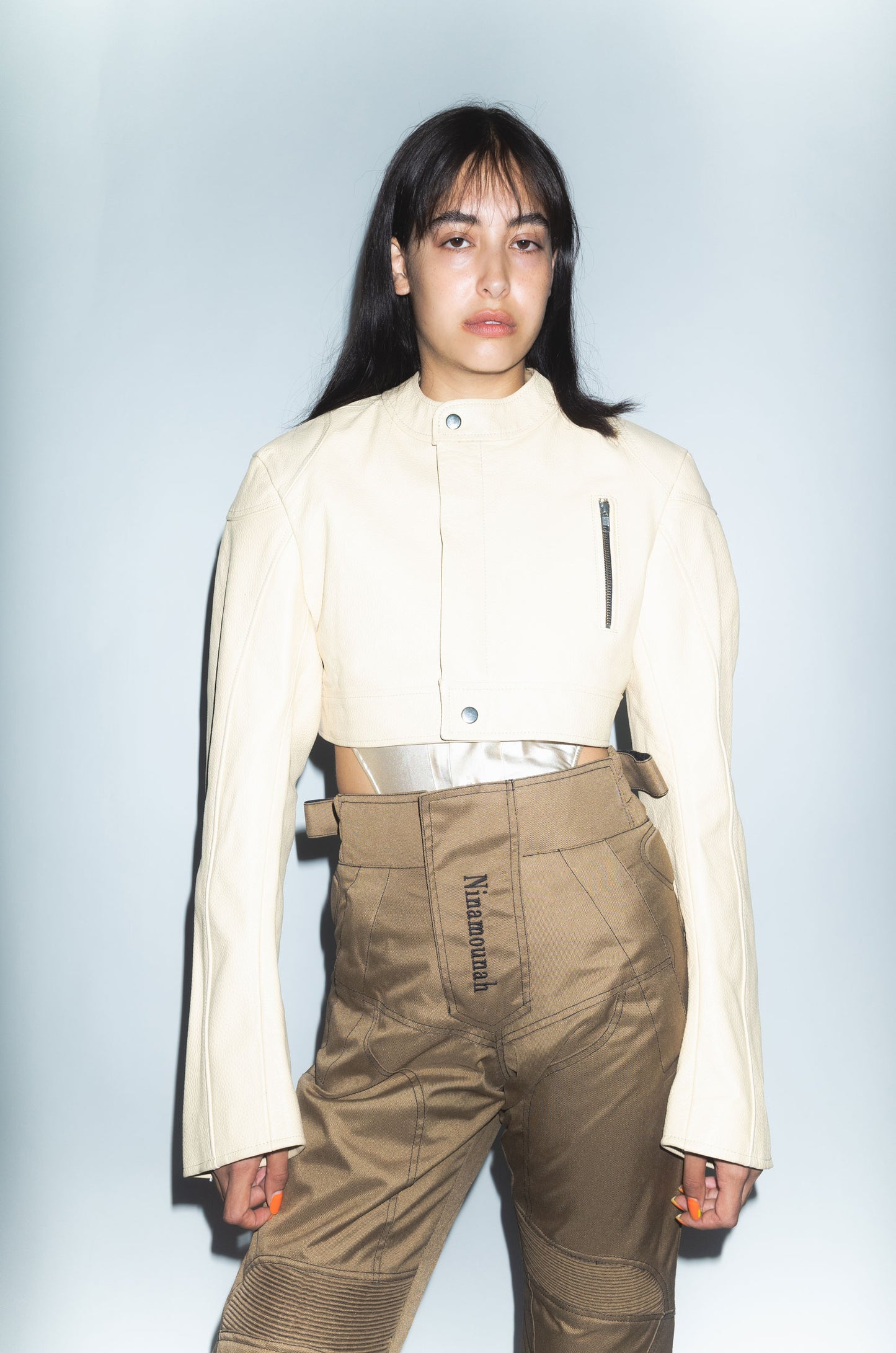 Runway Cropped Biker Leather Jacket in Beige