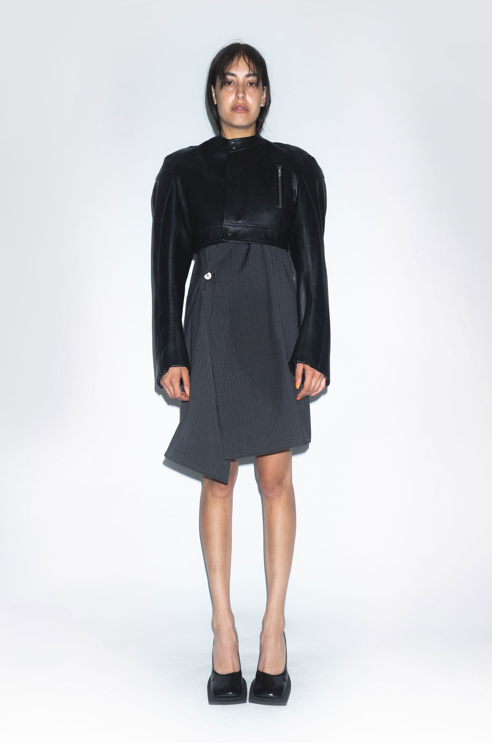 Runway Cropped Biker Leather Jacket in Black