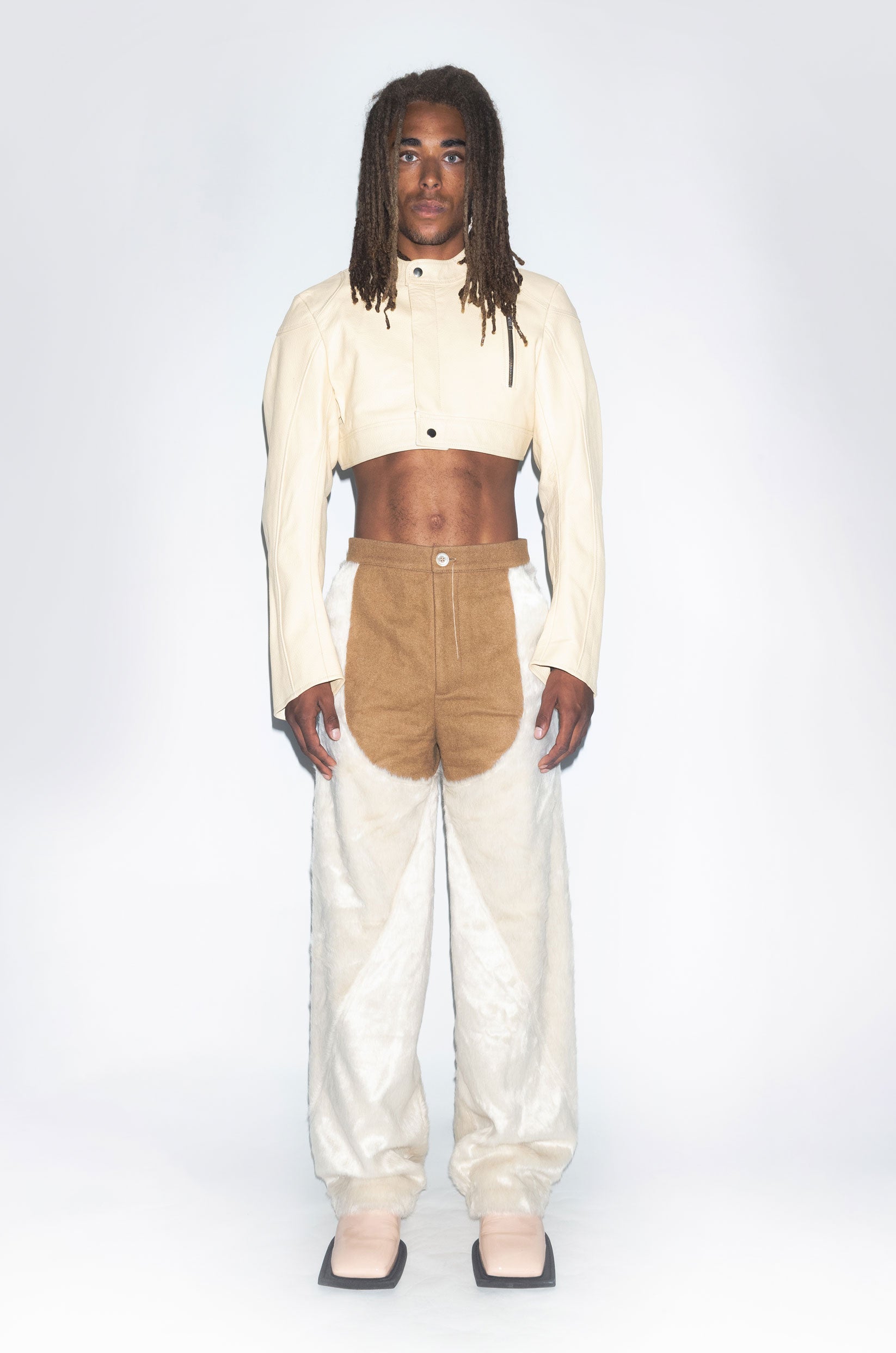 Runway Cropped Biker Leather Jacket in Beige