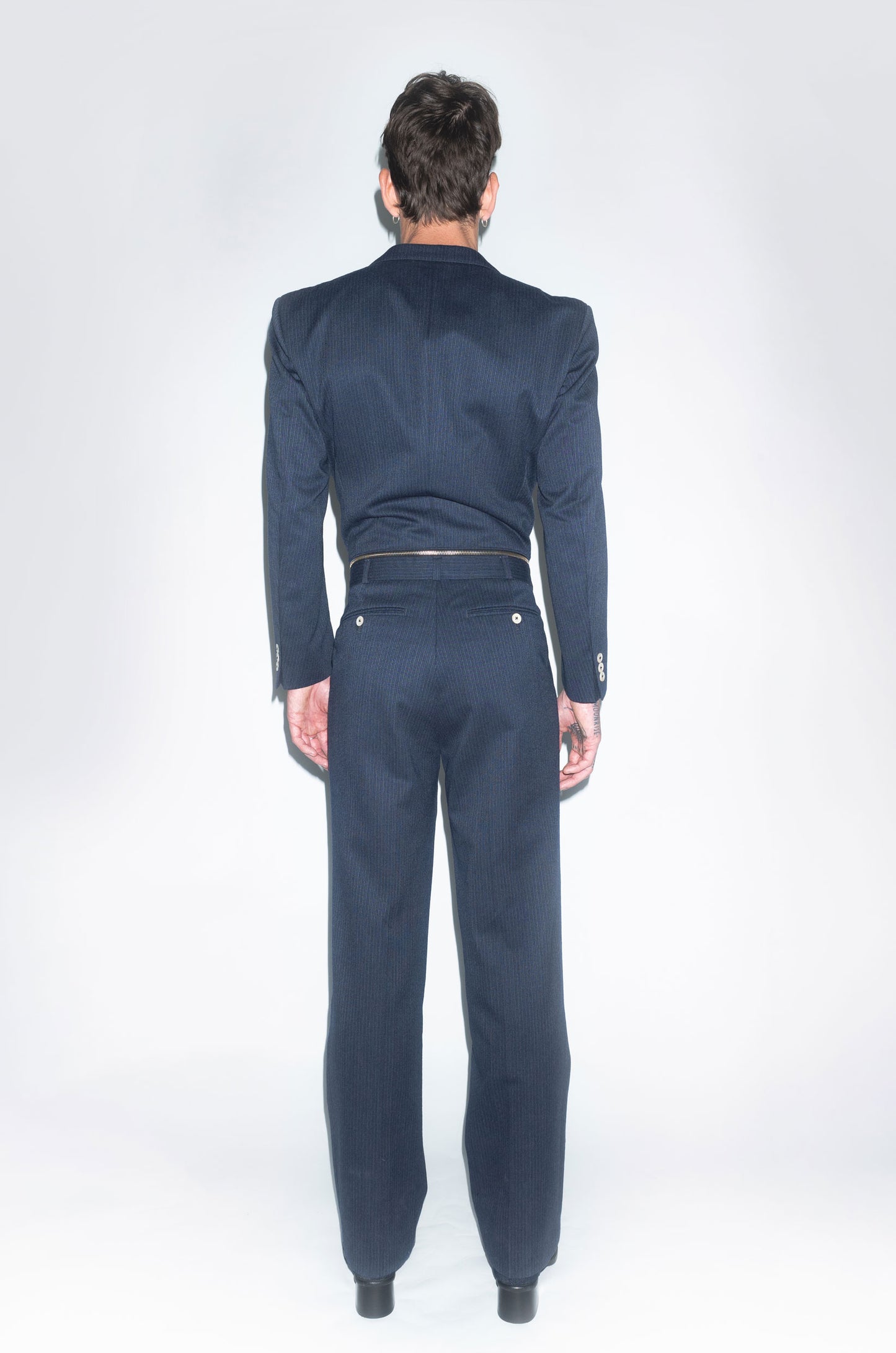 Runway Upcycled Tailored Wool Jumpsuit with Waist Zipper in Blue Pinstripe