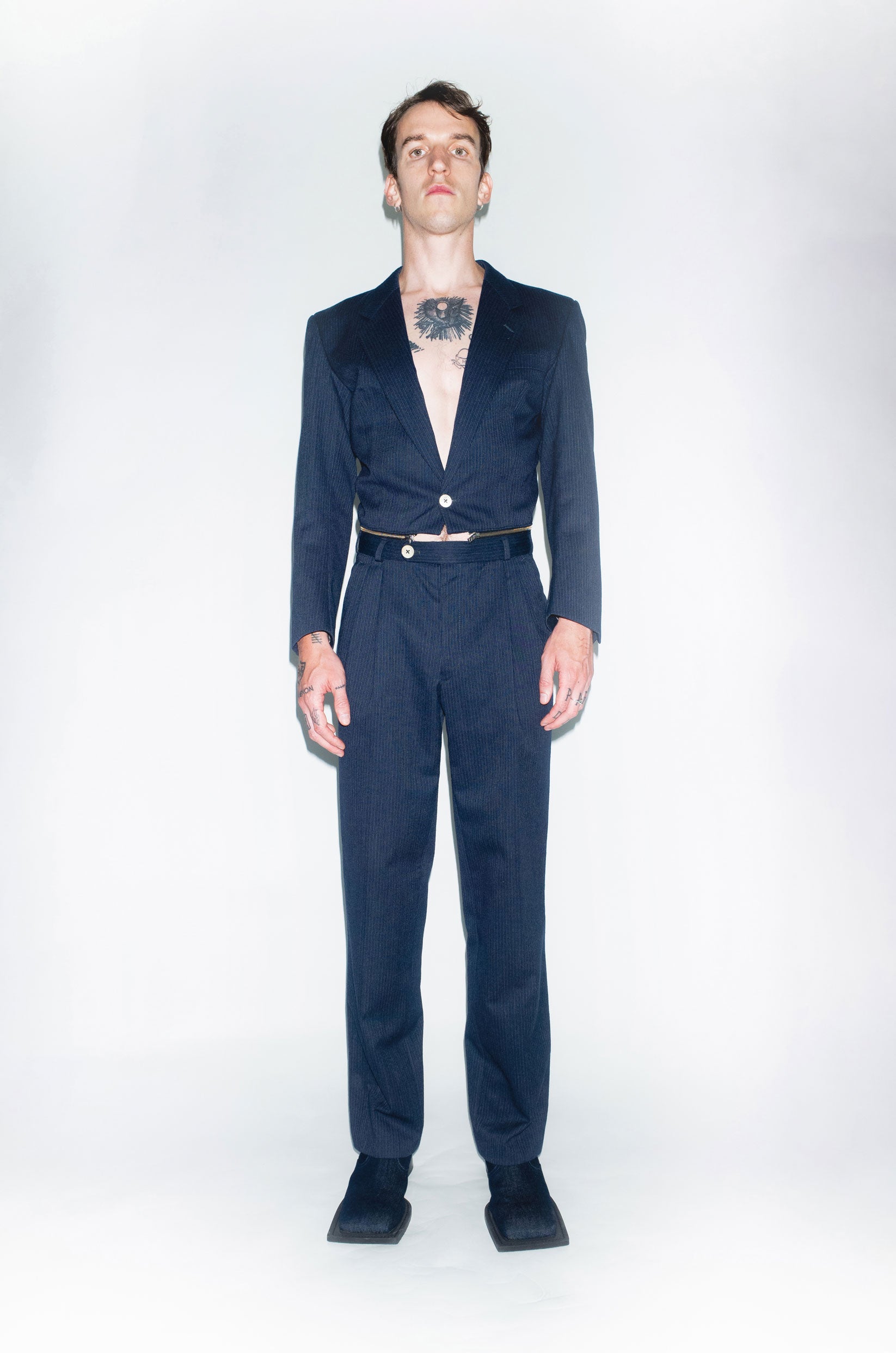Runway Upcycled Tailored Wool Jumpsuit with Waist Zipper in Blue Pinstripe