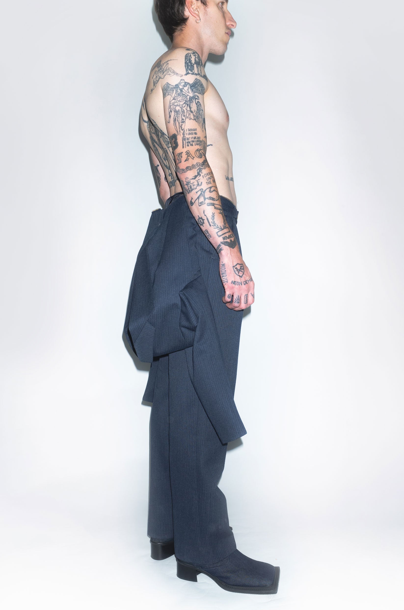 Runway Upcycled Tailored Wool Jumpsuit with Waist Zipper in Blue Pinstripe