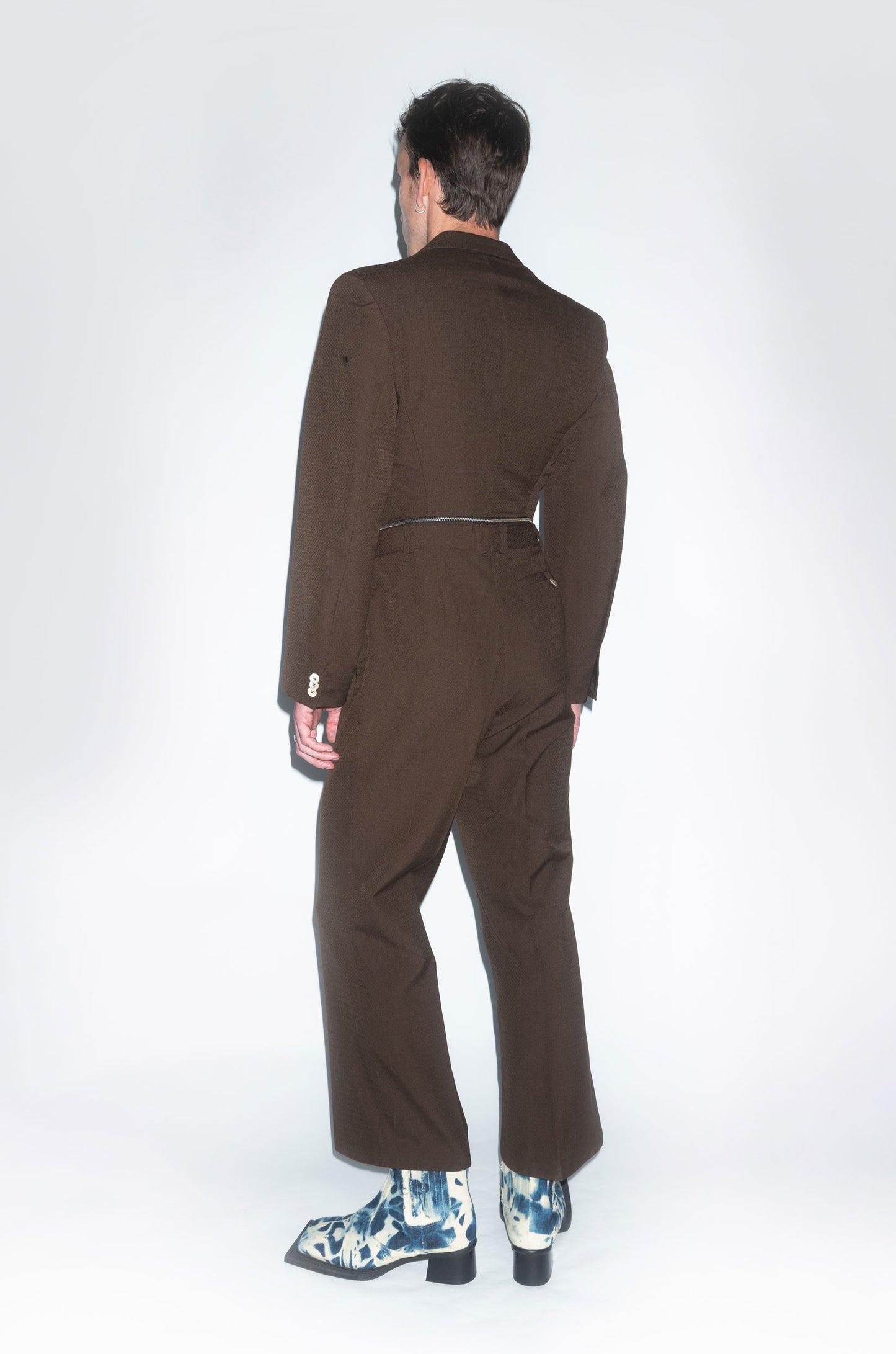 Runway Upcycled Tailored Wool Jumpsuit with Waist Zipper in Coffee Brown