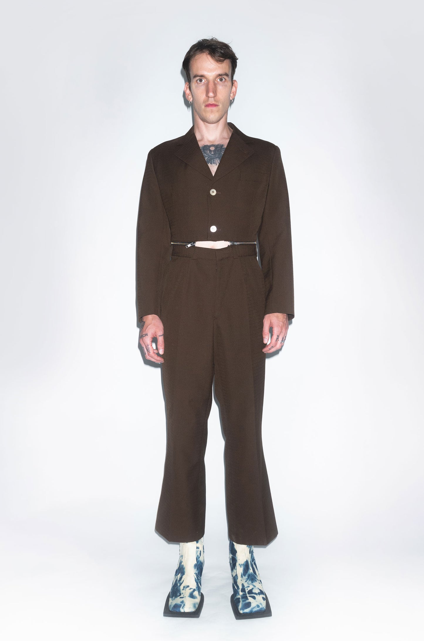 Runway Upcycled Tailored Wool Jumpsuit with Waist Zipper in Coffee Brown