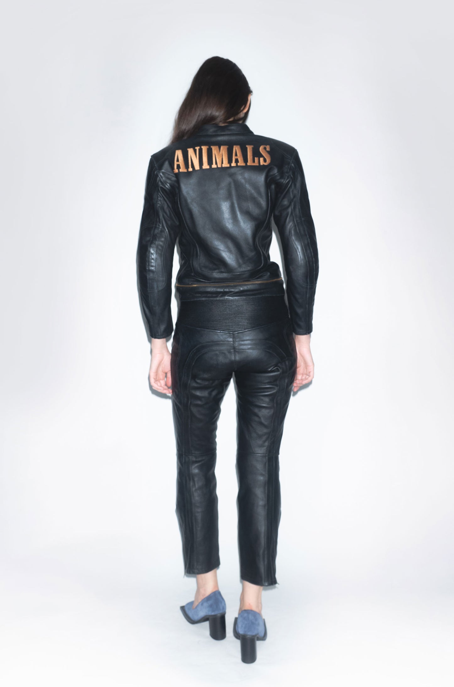 Runway Two-piece Motor Suit in Black Leather with embroidery