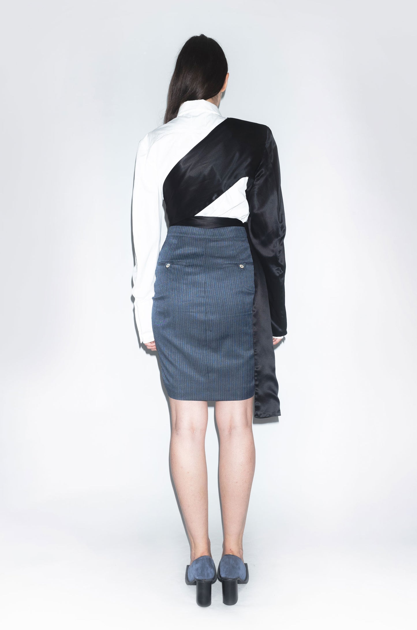 Archive Racing Short Warped Elastic Wool Skirt in Blue Pinstripe