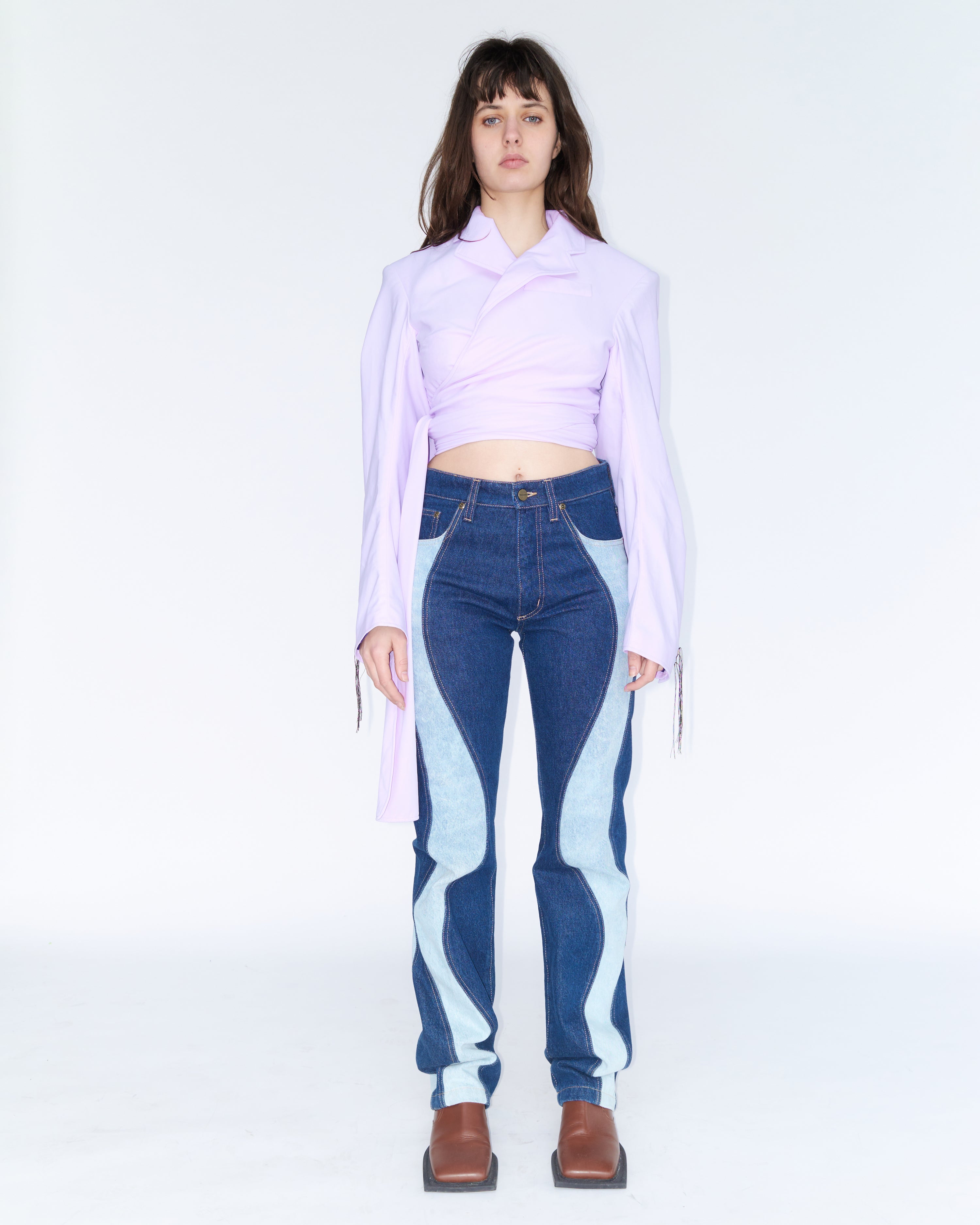 Peacock two colored paneled denim trousers