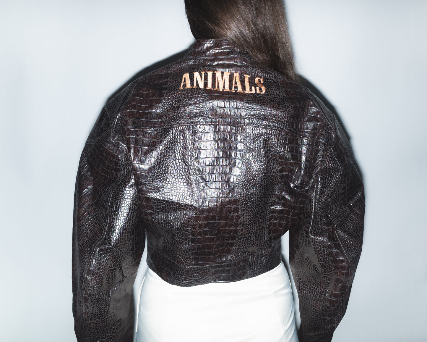 Runway Cropped Leather Jacket with Embroideries in Brown Croco Faux Leather