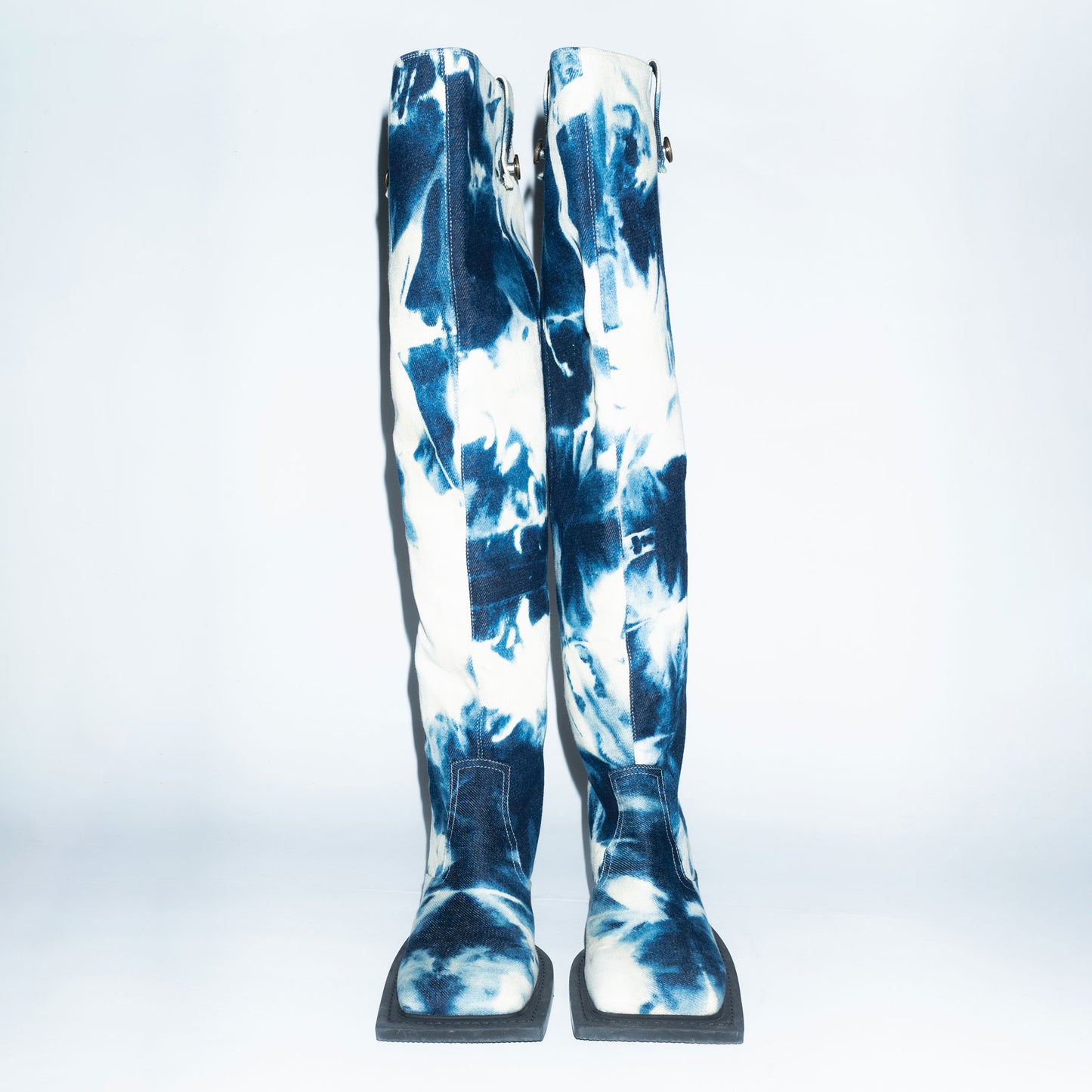 Archive Howling Knee High Boots in Tie Dye Blue Denim