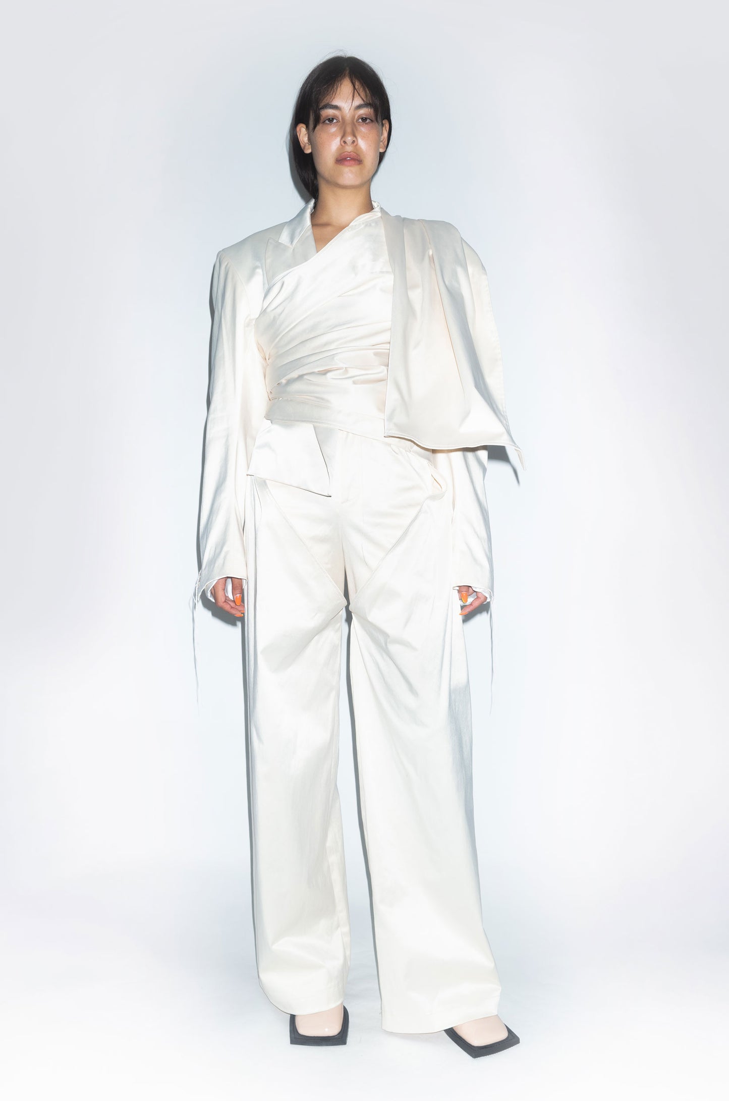 Runway Wrap-around Wedding Two Piece Suit blazer with trousers in Satin Champagne