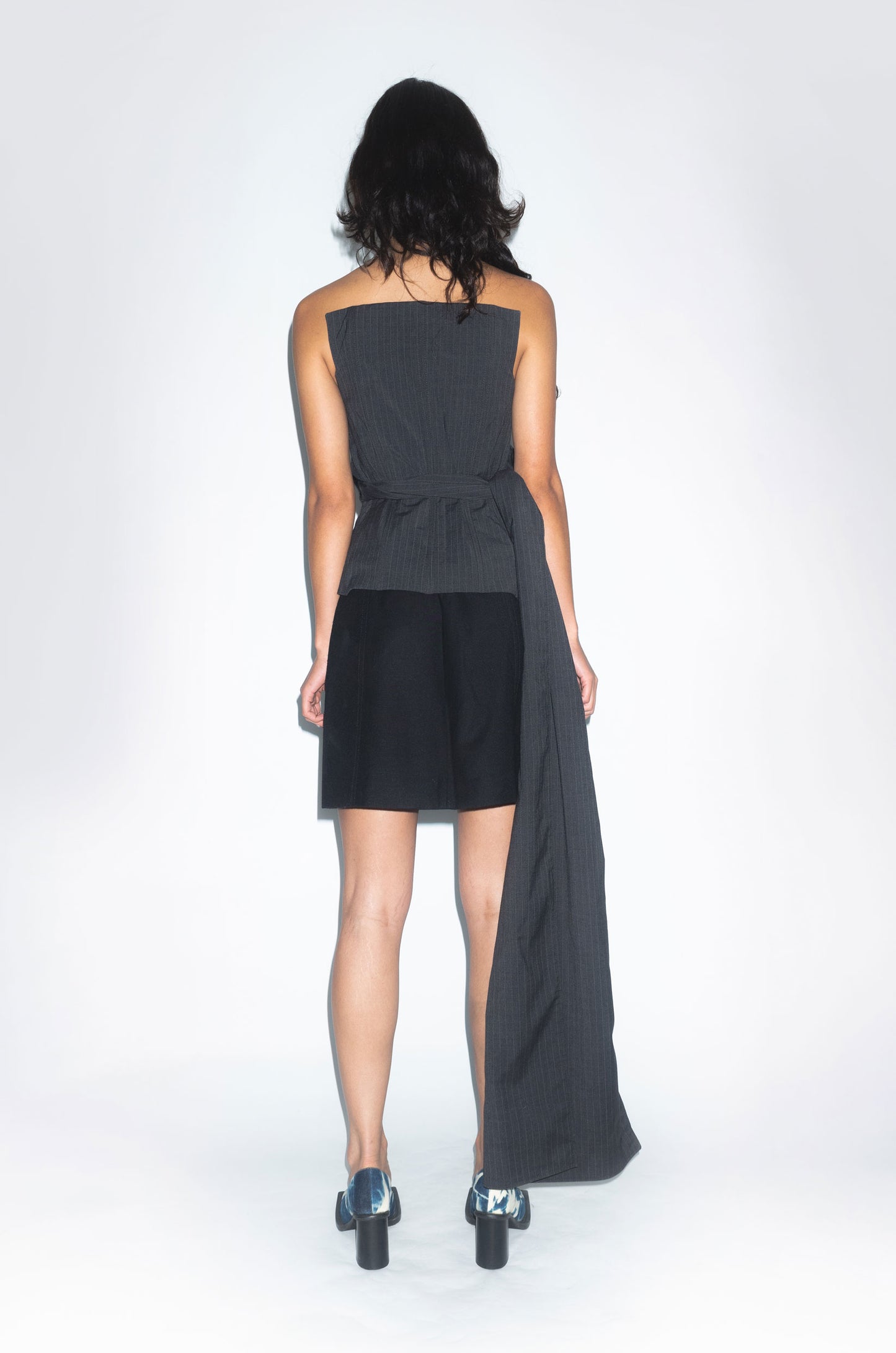 Runway Corseted Wrap Top in Grey Pinstripe