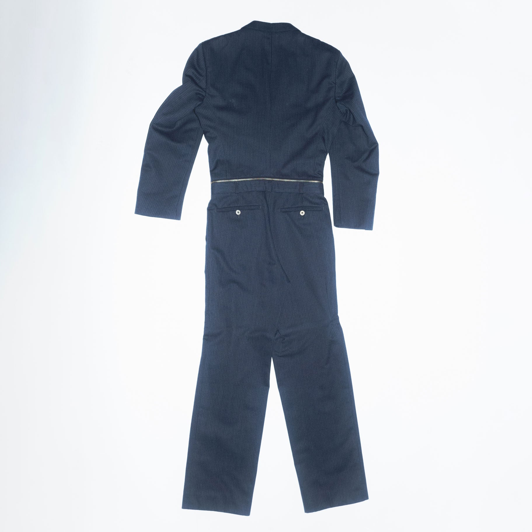 Runway Upcycled Tailored Wool Jumpsuit with Waist Zipper in Blue Pinstripe