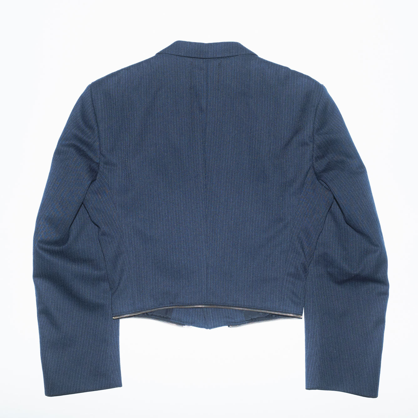 Runway Upcycled Tailored Wool Jumpsuit with Waist Zipper in Blue Pinstripe