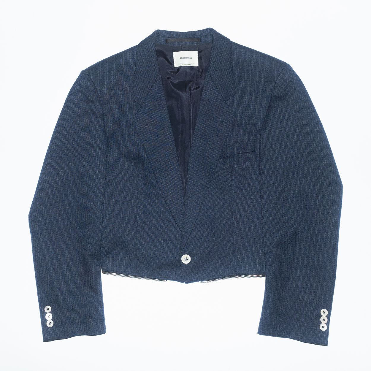 Runway Upcycled Tailored Wool Jumpsuit with Waist Zipper in Blue Pinstripe