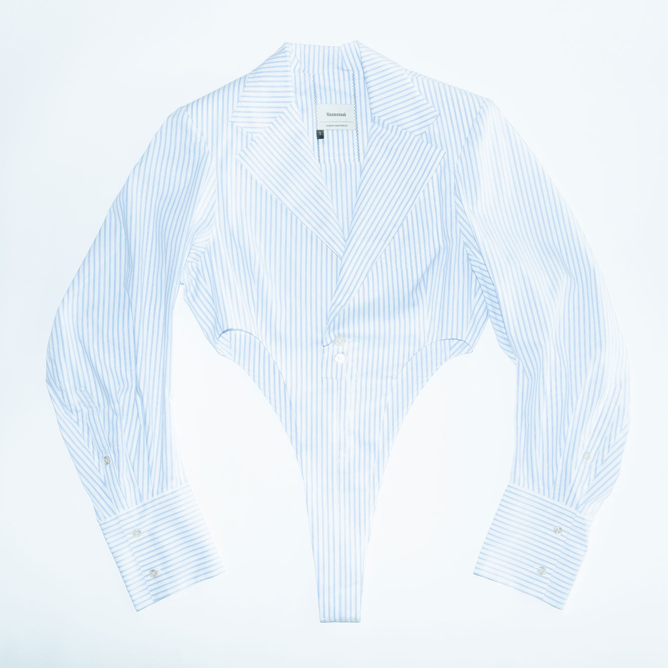 Runway Bacteria Tailored Bodysuit Blouse in Office Blue/Ecru Pinstripe