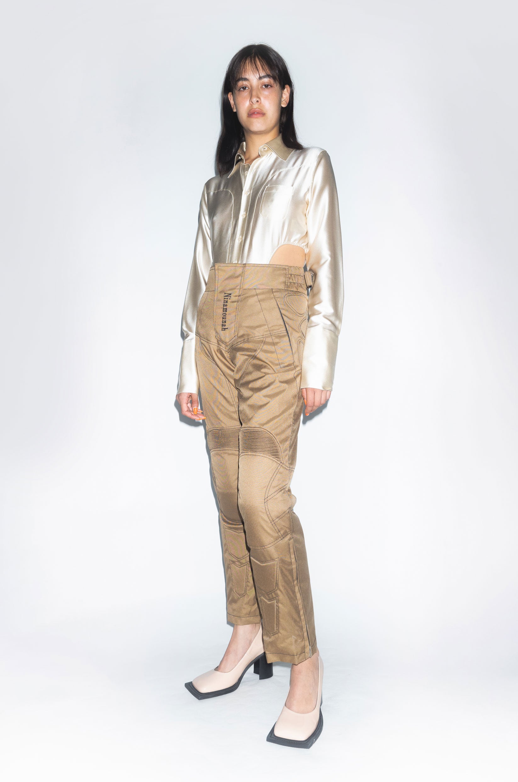 Runway Bipedalism Long Sleeve Bodysuit with Cuffs in champagne