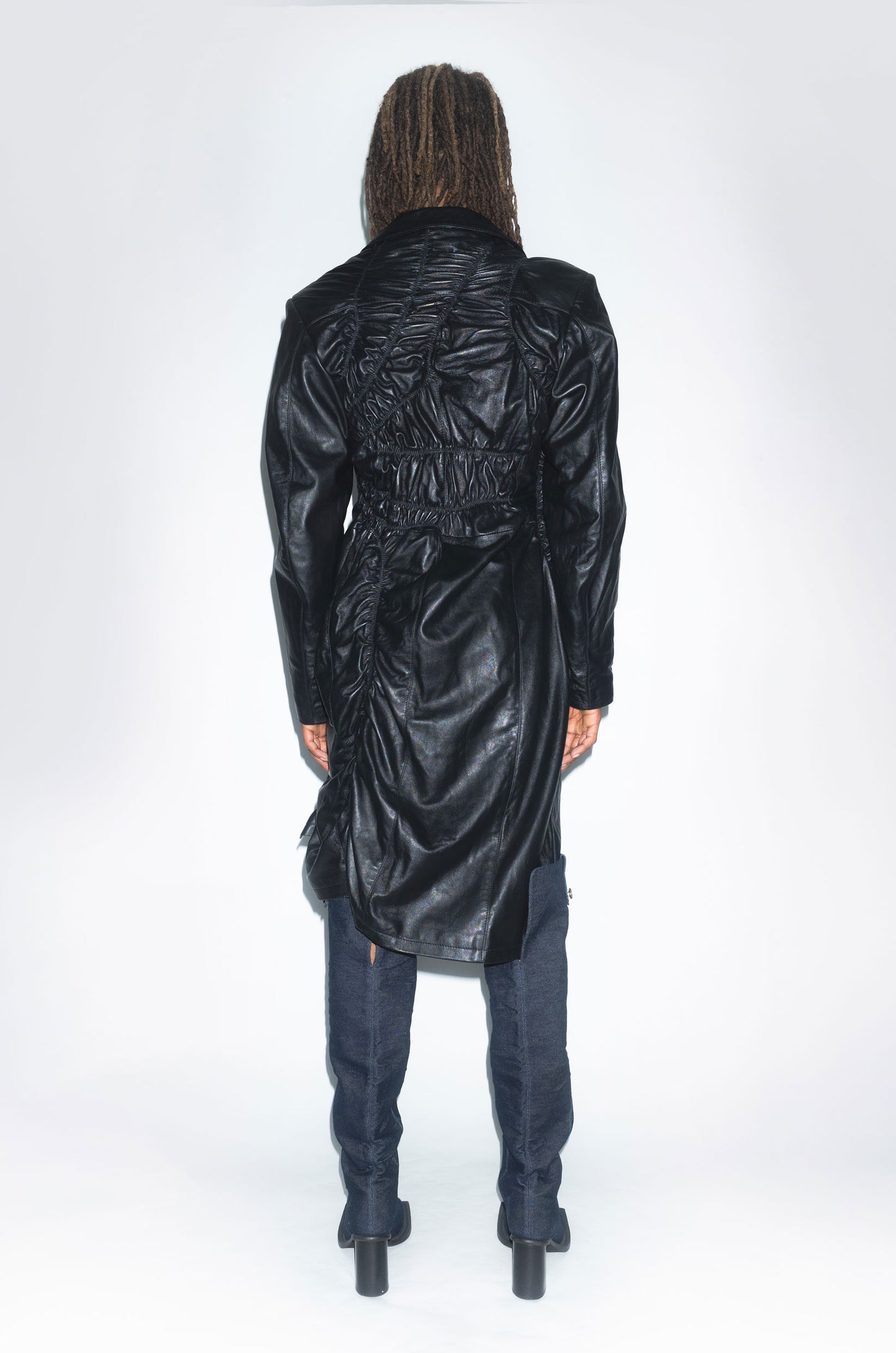 Archive Camel Warped Elastic Coat in Black Leather