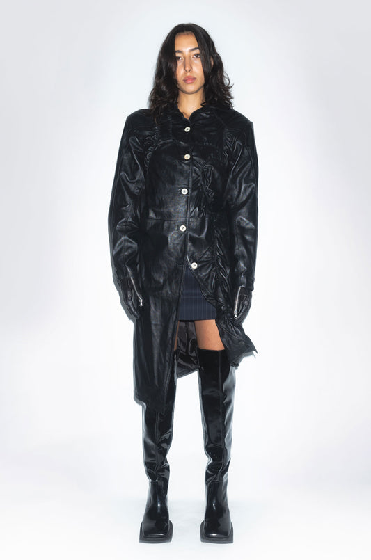 Archive Camel Warped Elastic Coat in Black Leather