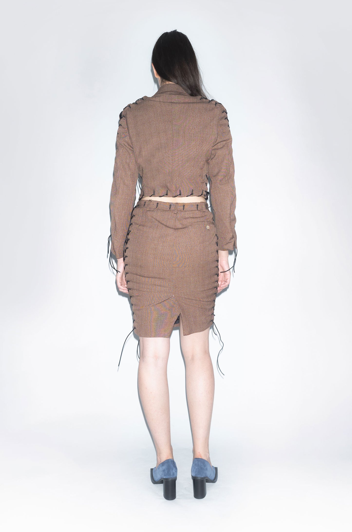 Runway Upcycled Two piece Blazer with High Waisted Pencil Skirt in Brown Wool with leather Lacing