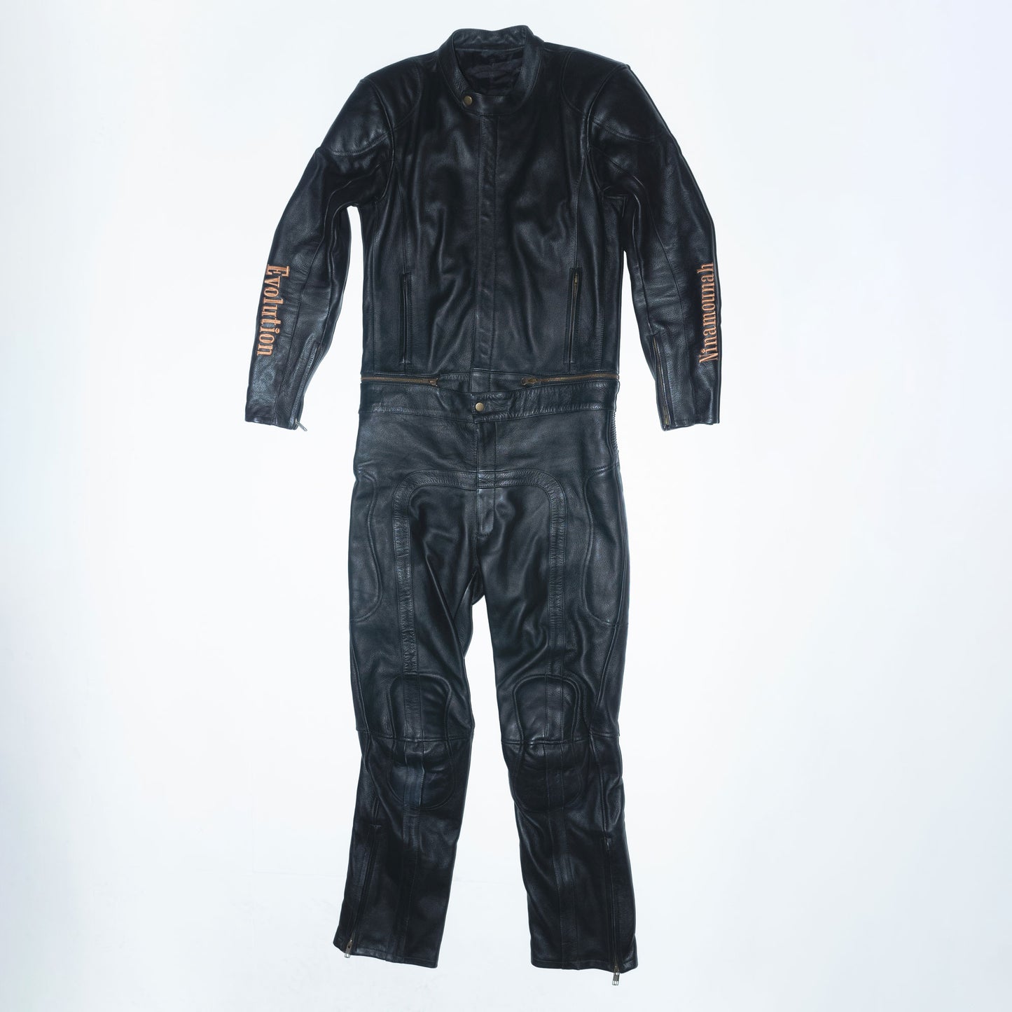 Runway Two-piece Motor Suit in Black Leather with embroidery