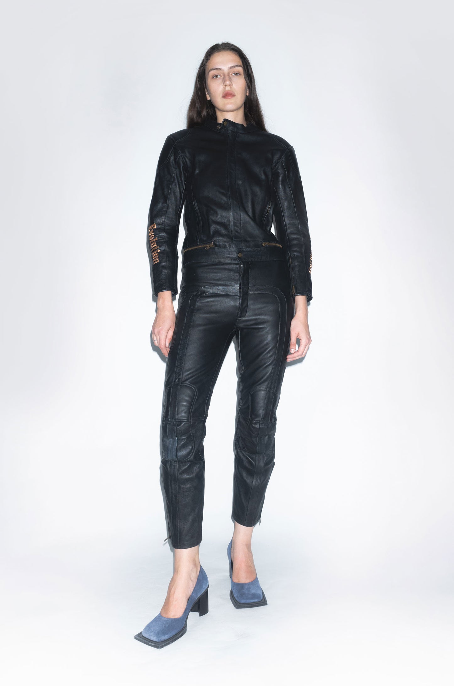 Runway Two-piece Motor Suit in Black Leather with embroidery