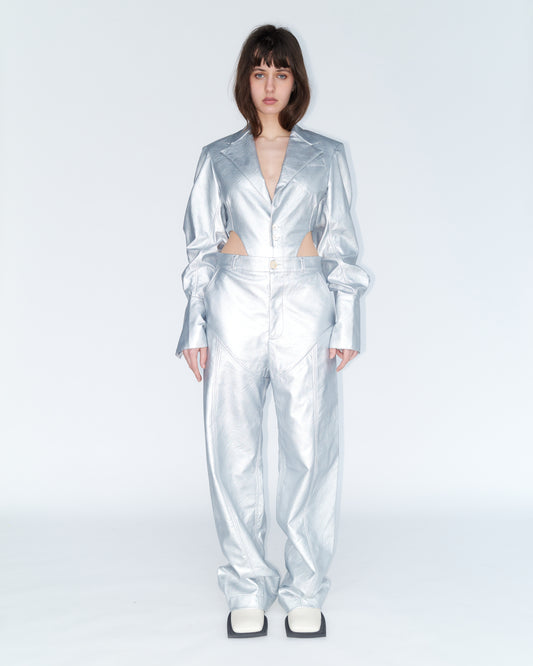 Python Chaps Paneled Trousers in Silver PU Leather