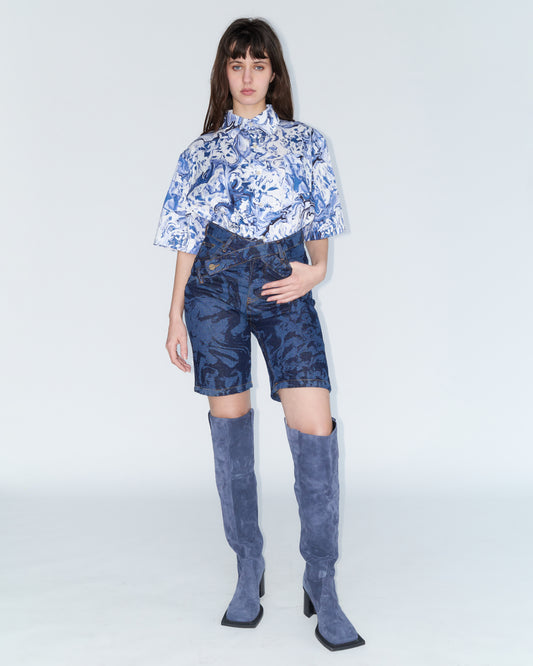 Denim Trousers short with cotton laser print orgy