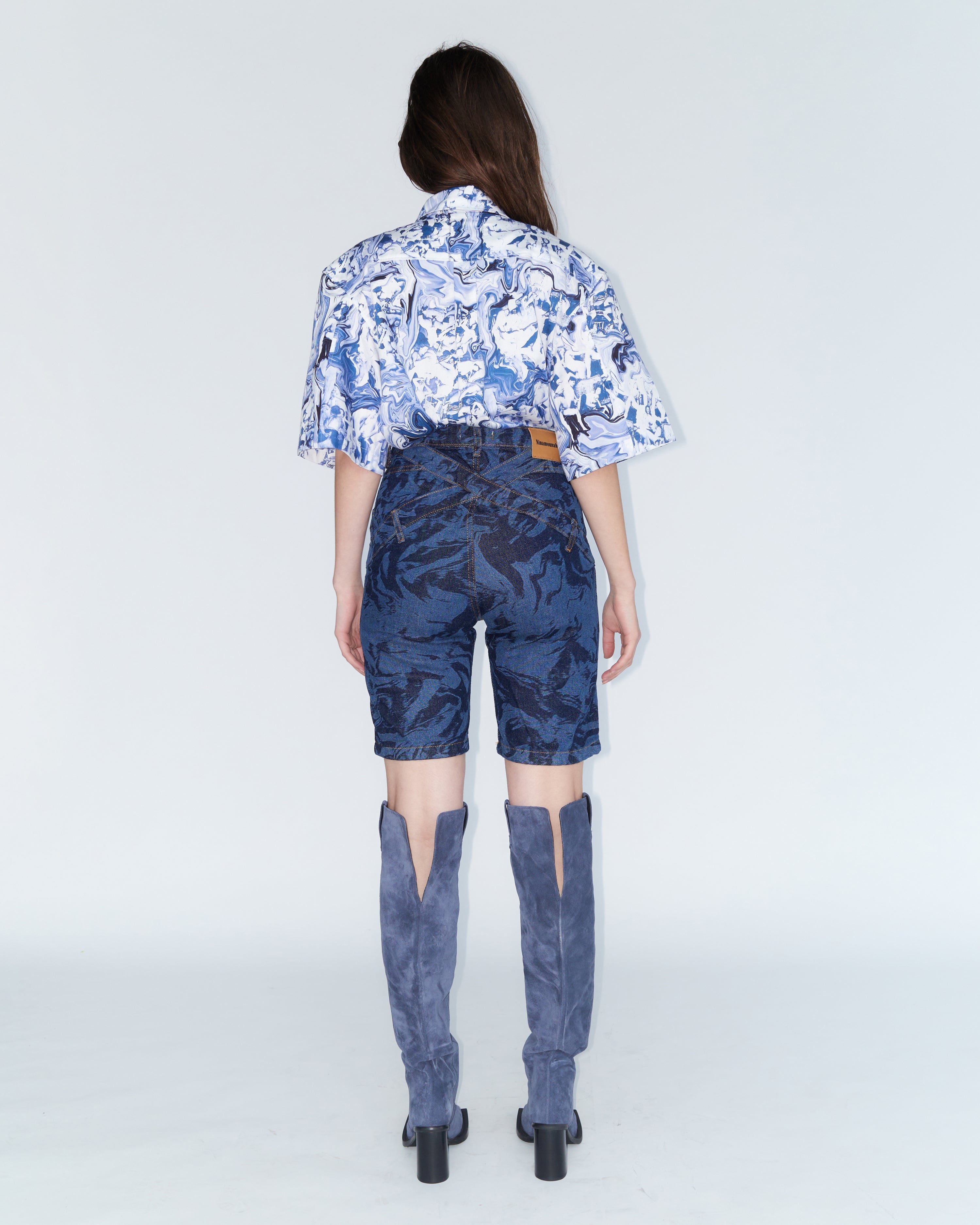 Denim Trousers short with cotton laser print orgy