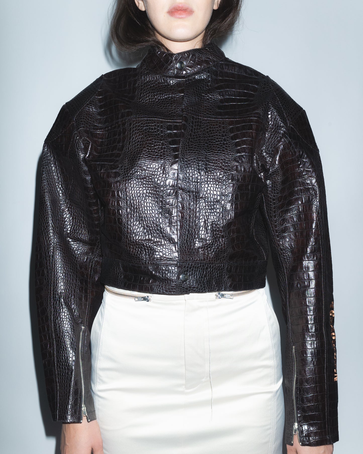 Runway Cropped Leather Jacket with Embroideries in Brown Croco Faux Leather
