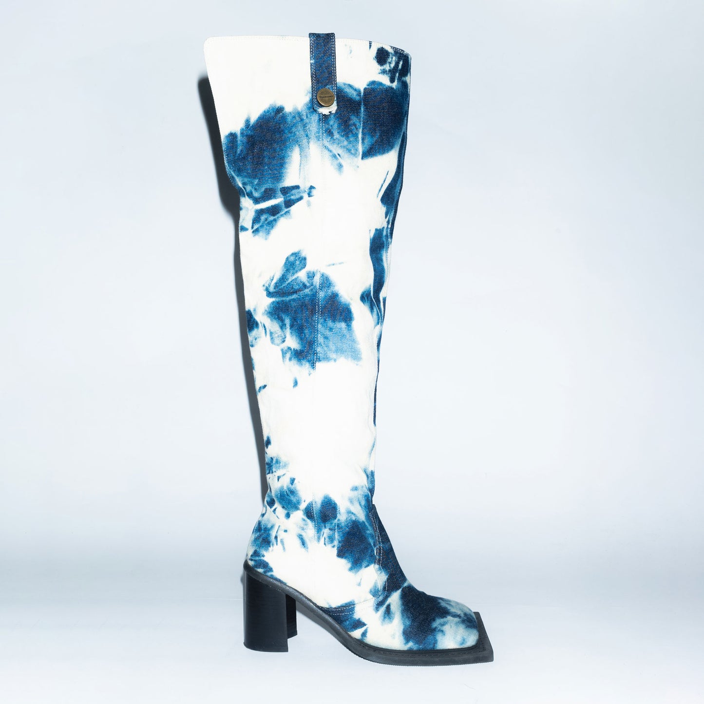 Archive Howling Knee High Boots in Tie Dye Blue Denim
