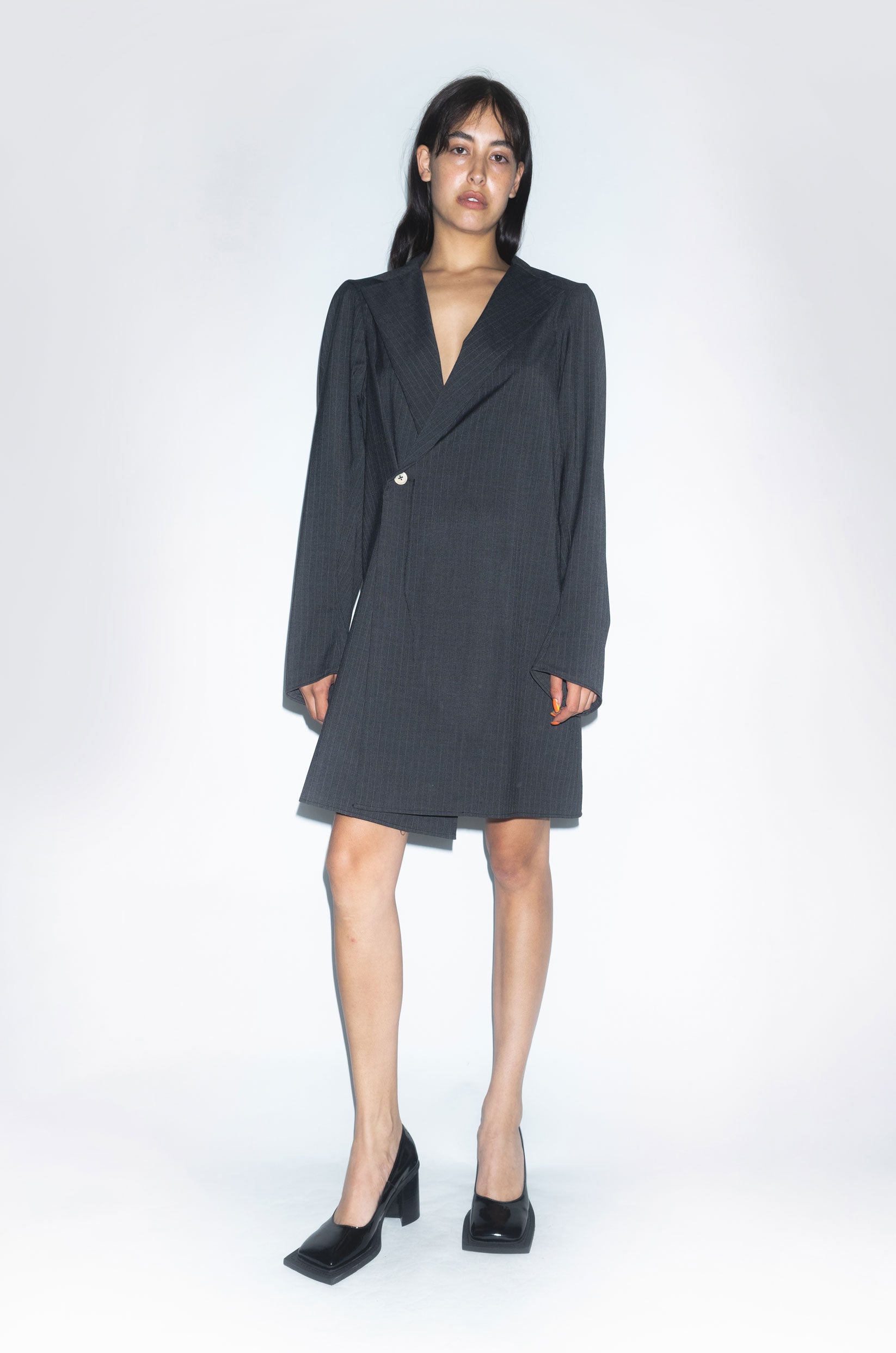 Runway Oversized Tailored Suit Dress in Grey Pinstripe