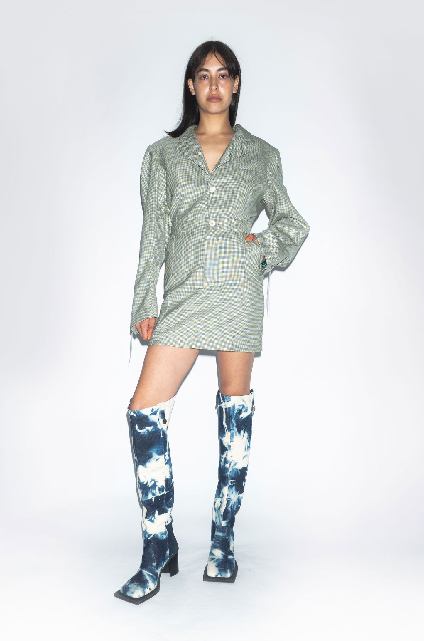 Archive Tradition Tailored Wool Dress in Blue/Green Check