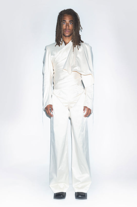Runway Wrap-around Wedding Two Piece Suit blazer with trousers in Satin Champagne