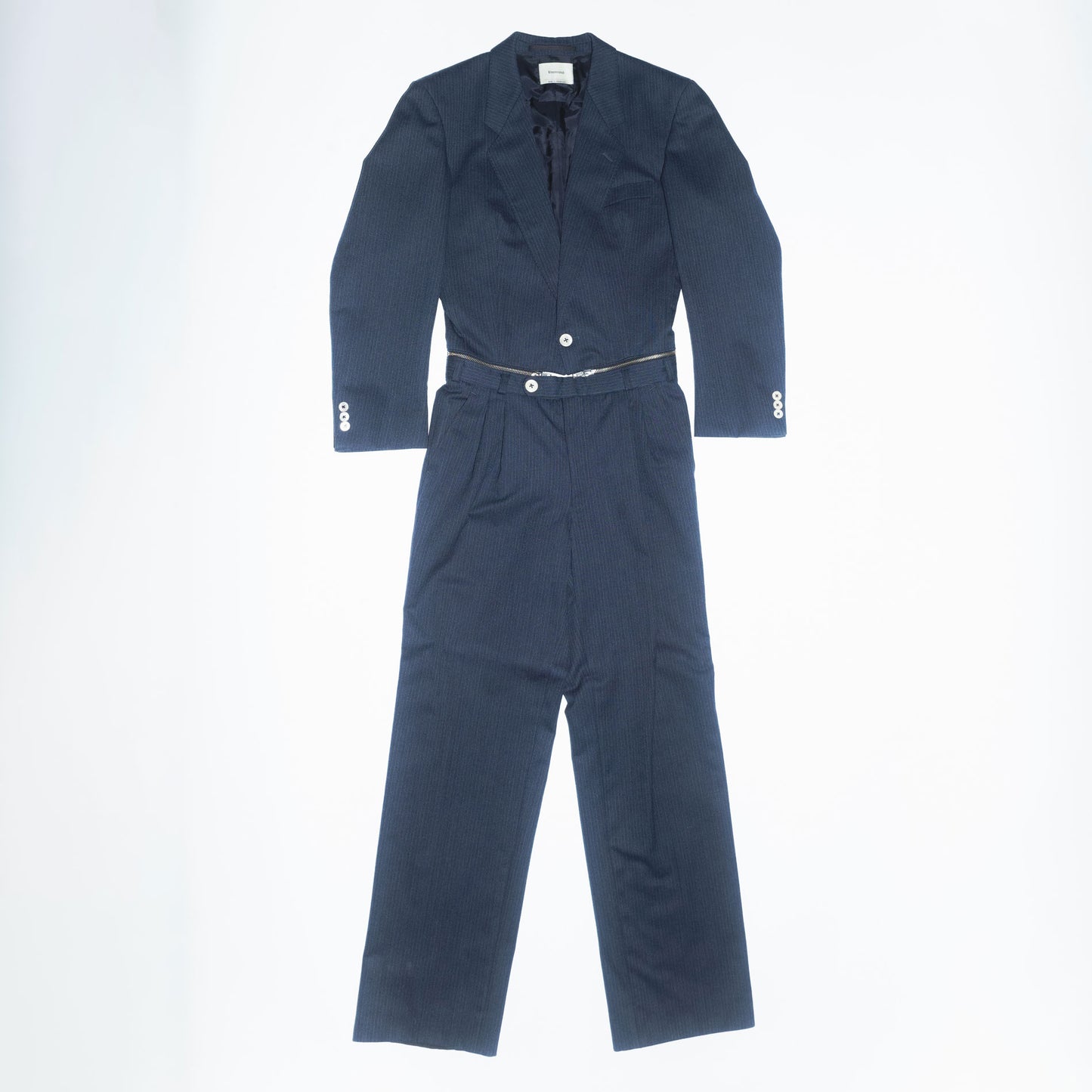 Runway Upcycled Tailored Wool Jumpsuit with Waist Zipper in Blue Pinstripe